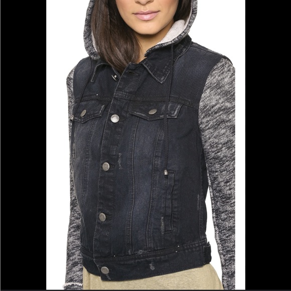 Free People Medium Blue Trucker Moto Jeans Denim Removable Hood Raglan Jacket - Picture 6 of 6